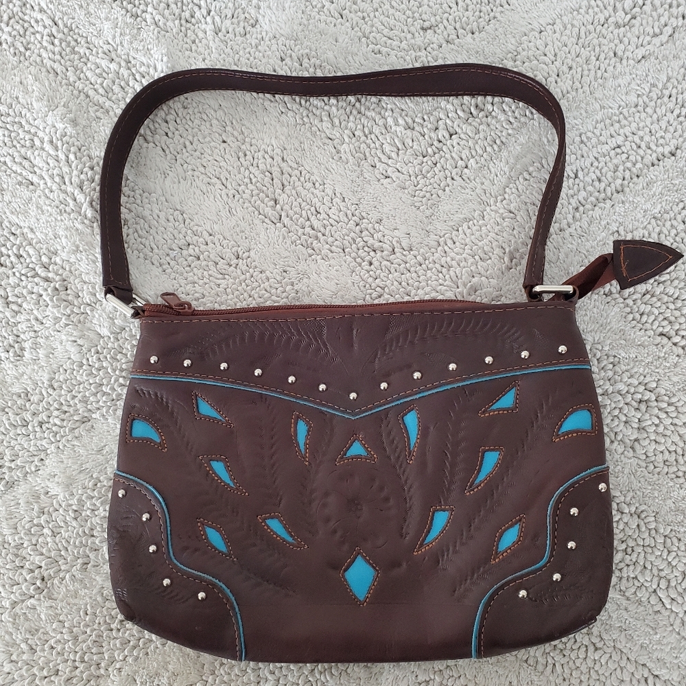 BOHO Western Leather Handbag Floral Tooled Turquoise Cut Outs Pockets Cowgirl